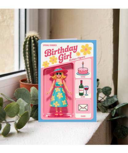 Happy Birthday card spring and summer birthday girl action figure