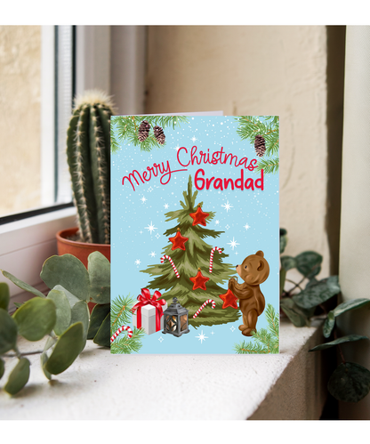Merry Christmas Card for Grandad from Baby Bear Christmas Tree Decorating