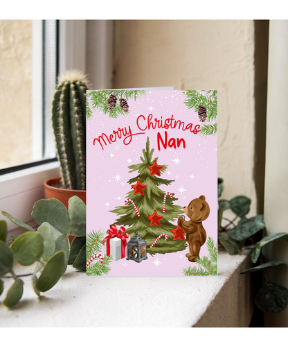 Merry Christmas Card for Nan from Baby Bear Christmas Tree Decorating