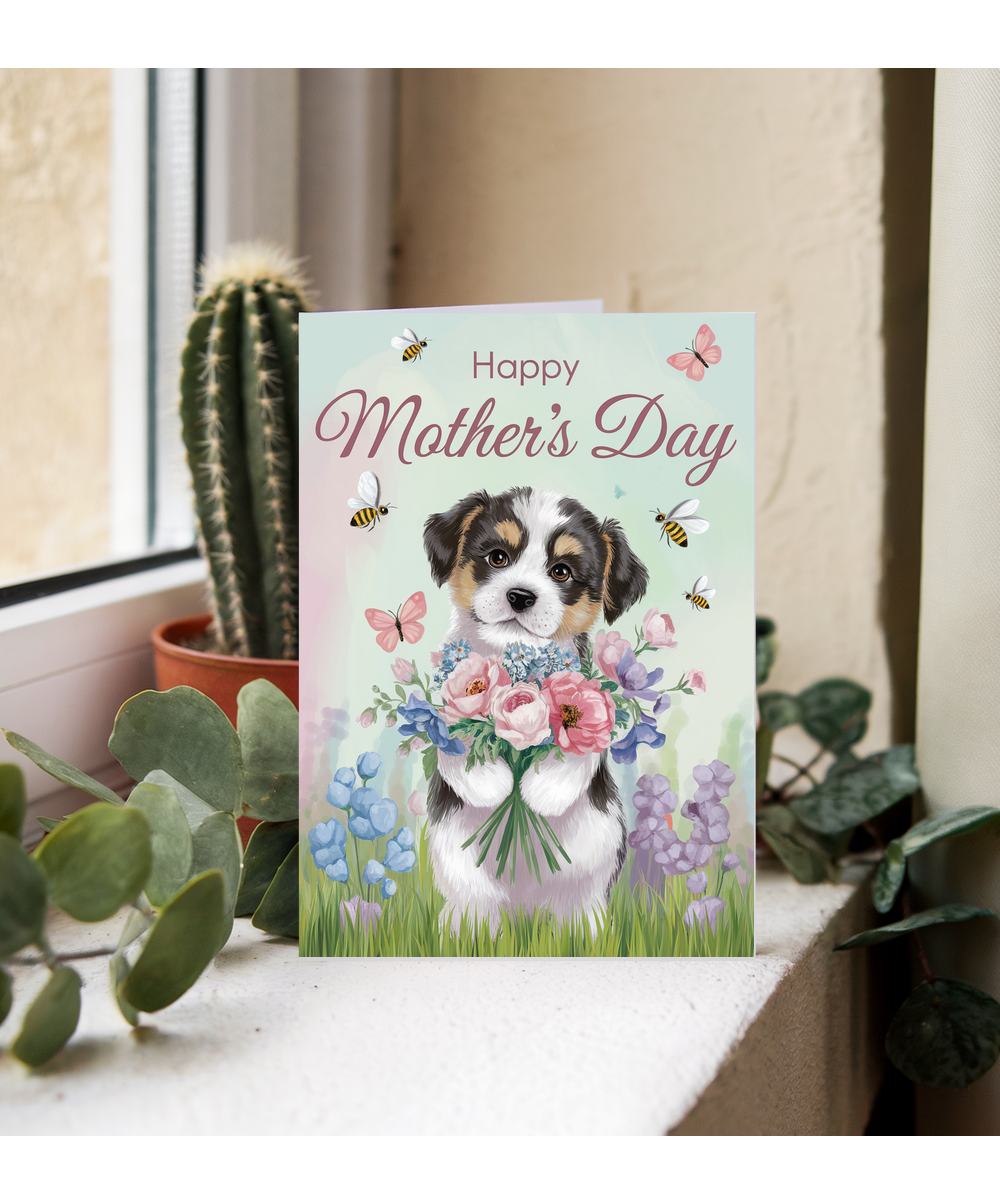 Happy Mother's Day - Puppy with Flowers