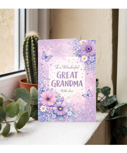 Grandma Birthday Card To a Wonderful Great Grandma With Love Violet Butterflies