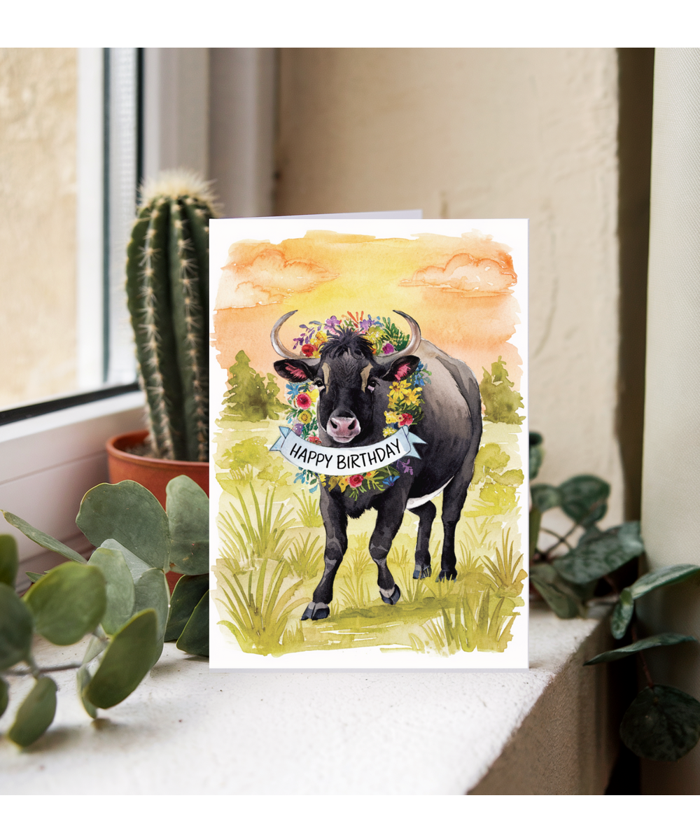 Happy Birthday cute zebu watercolour