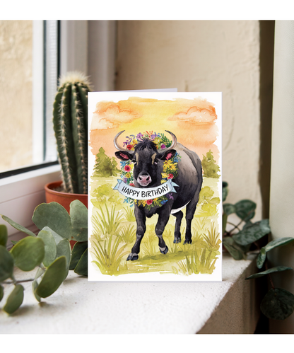 Happy Birthday cute zebu watercolour
