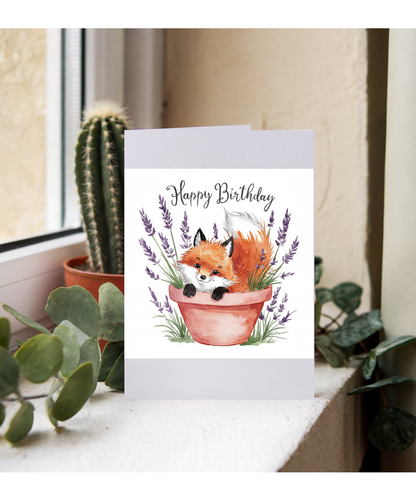 Happy Birthday cute fox plant pot lavender watercolour