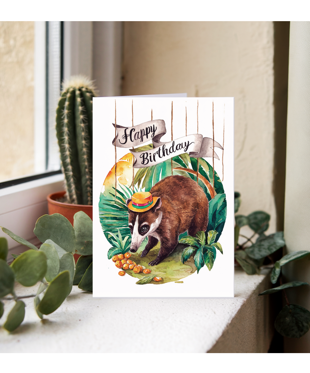 Happy Birthday cute coati watercolour
