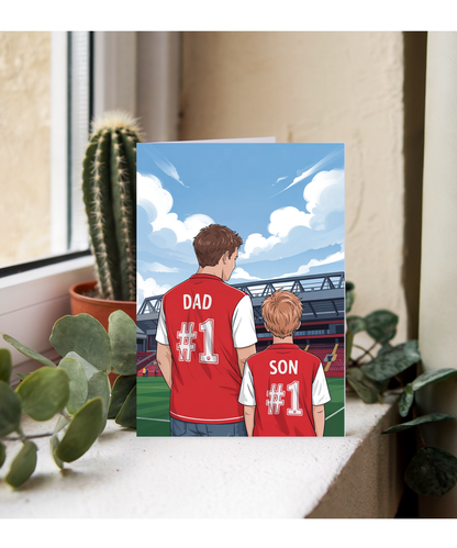 football red and white number one dad and son