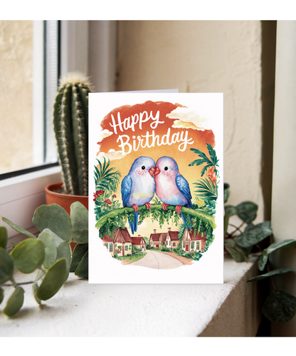 Happy Birthday cute two lovebirds watercolour