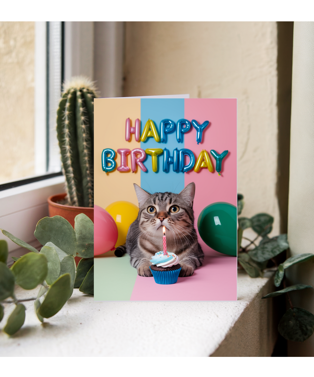 Happy Birthday with Cat with a Cupcake
