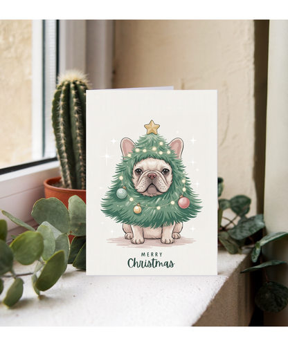 French bulldog in christmas tree costume
