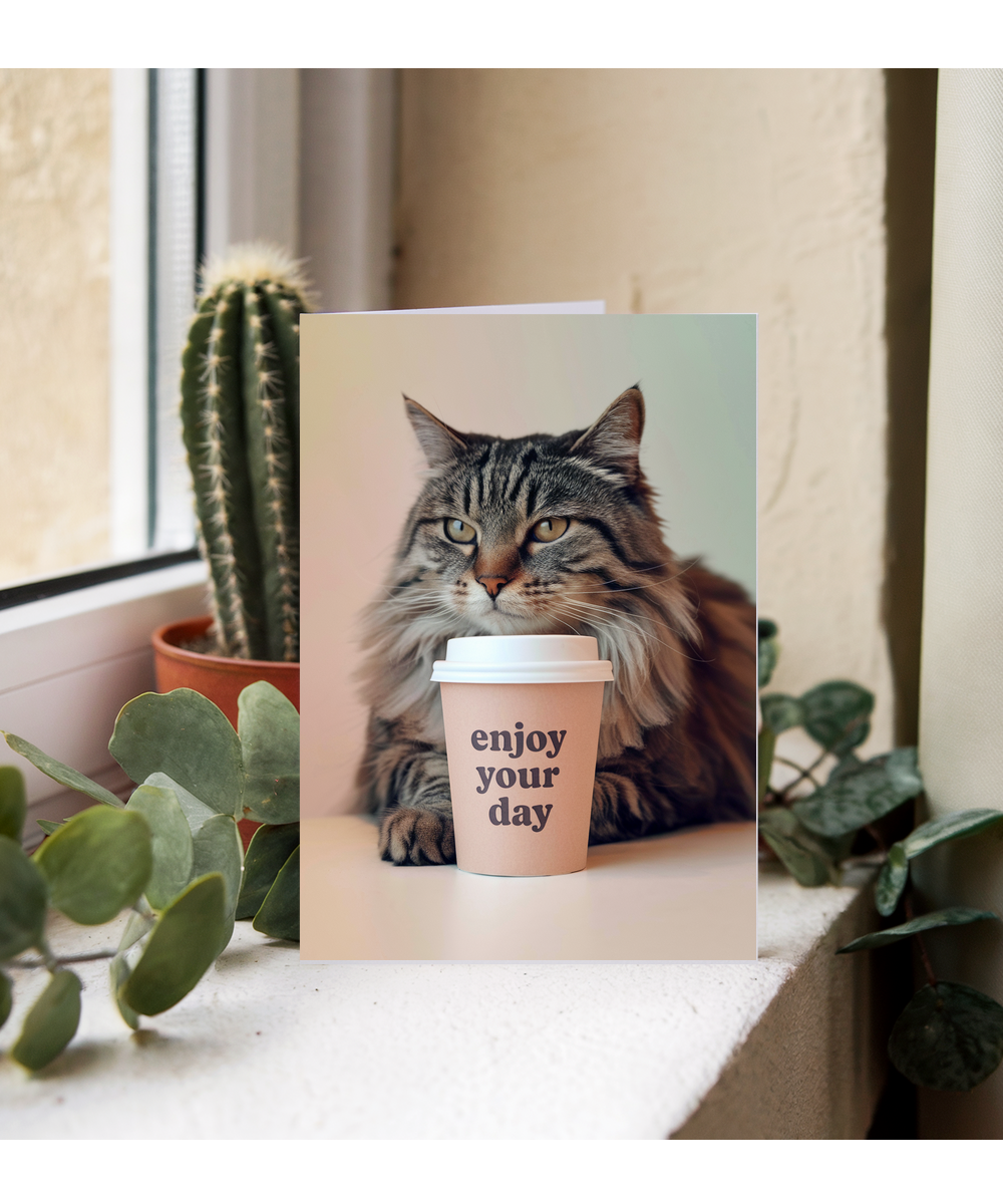 Enjoy Your Day with Cat with Coffee Cup
