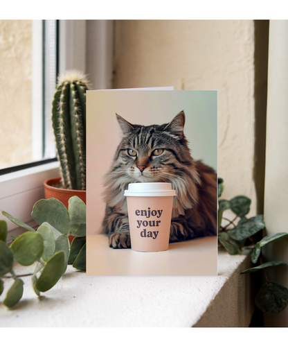 Enjoy Your Day with Cat with Coffee Cup