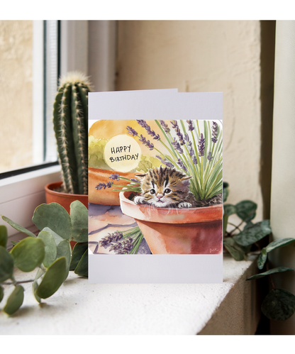 Happy Birthday cute kitten plant pot lavender watercolour