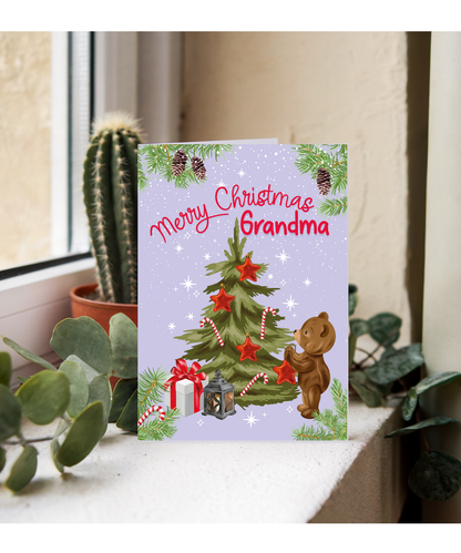 Merry Christmas Card for Grandma from Baby Bear Christmas Tree Decorating