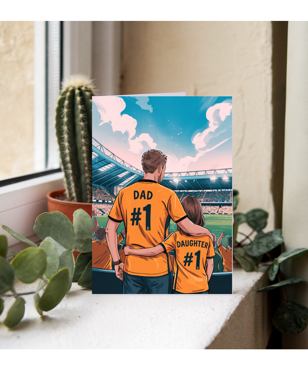 football gold with black number one dad and daughter