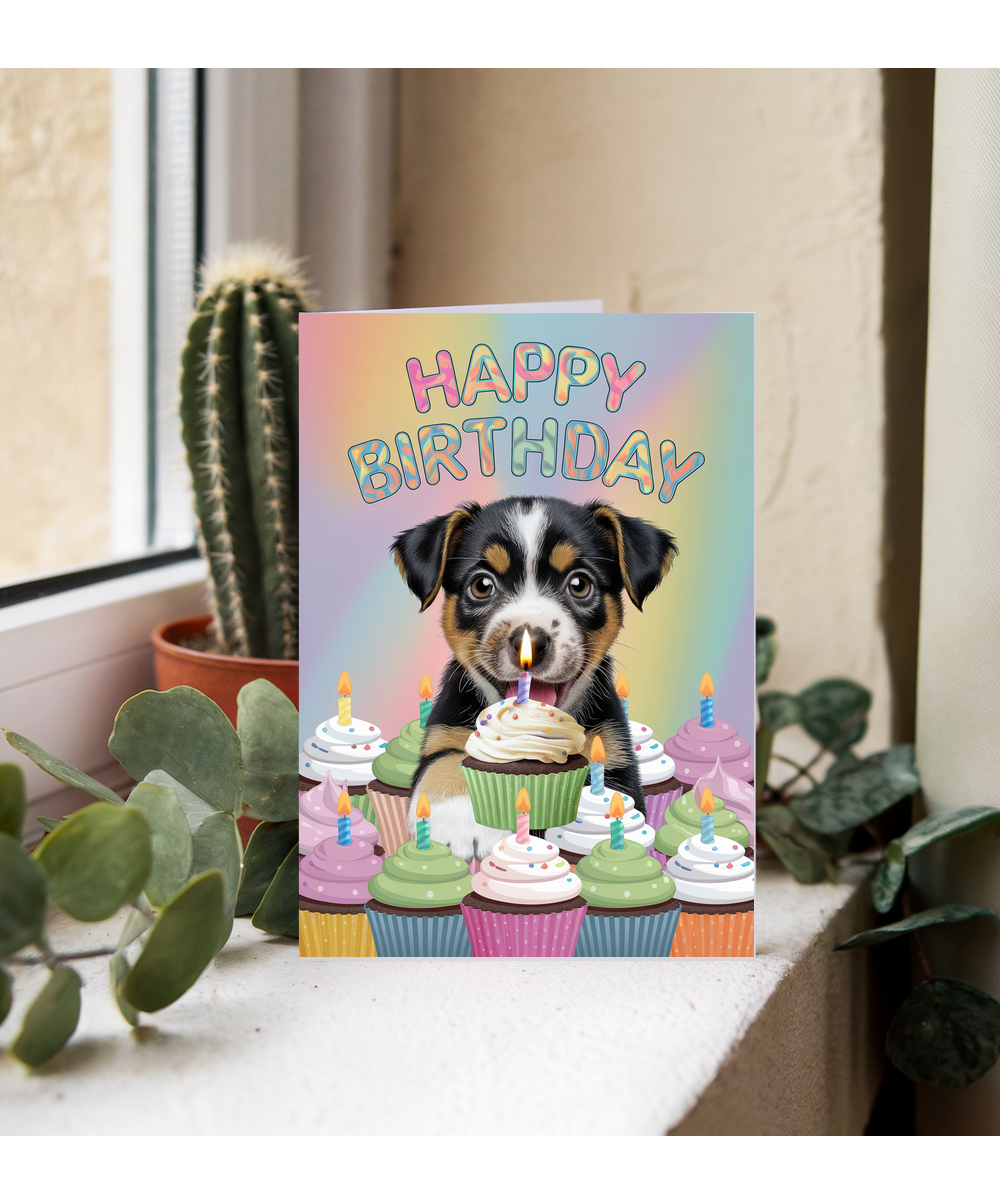 Happy Birthday - Puppy with a Cupcake