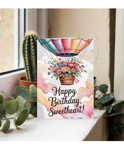 Happy Birthday card sweetheart hot air balloon bouquet