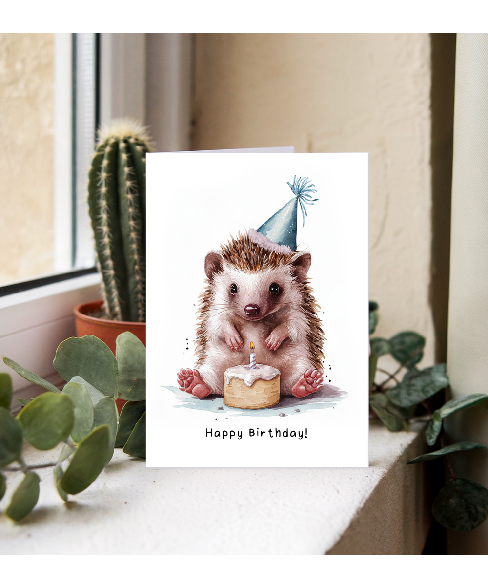 Baby Woodland Hedgehog Birthday Card Adorable Animal Watercolour Illustration