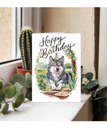 Happy Birthday cute wolf watercolour