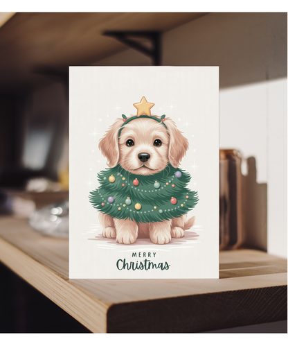 Golden retriever in christmas tree costume