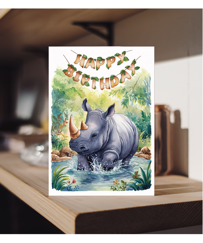 Happy Birthday cute rhinoceros watercolour