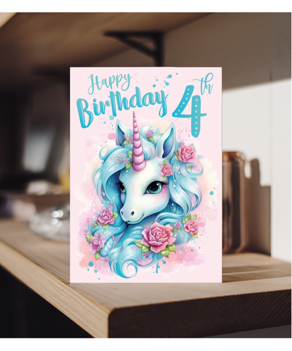 Childrens Magical 4th Birthday Card with Enchanted Unicorn for Granddaughter