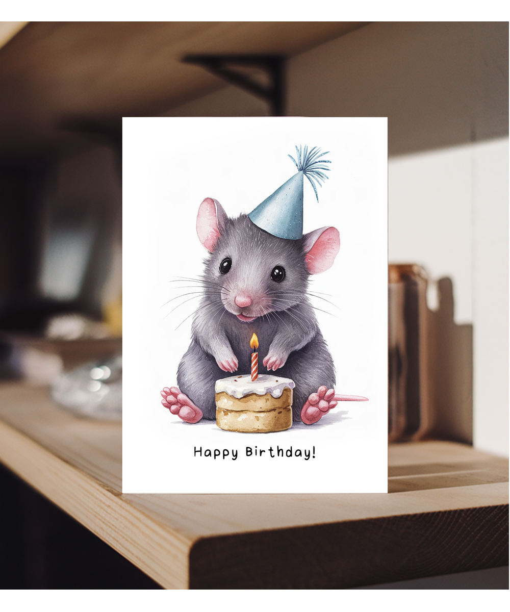 Baby Mouse Birthday Card Adorable Animal Watercolour Illustration