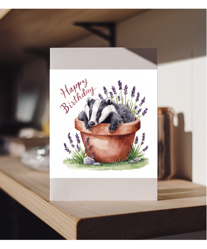 Happy Birthday cute badger plant pot lavender watercolour