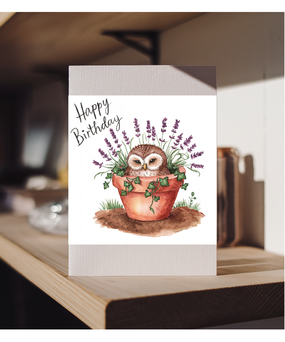 Happy Birthday cute owl plant pot lavender watercolour