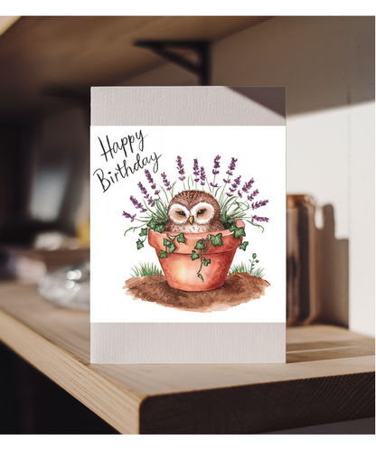 Happy Birthday cute owl plant pot lavender watercolour
