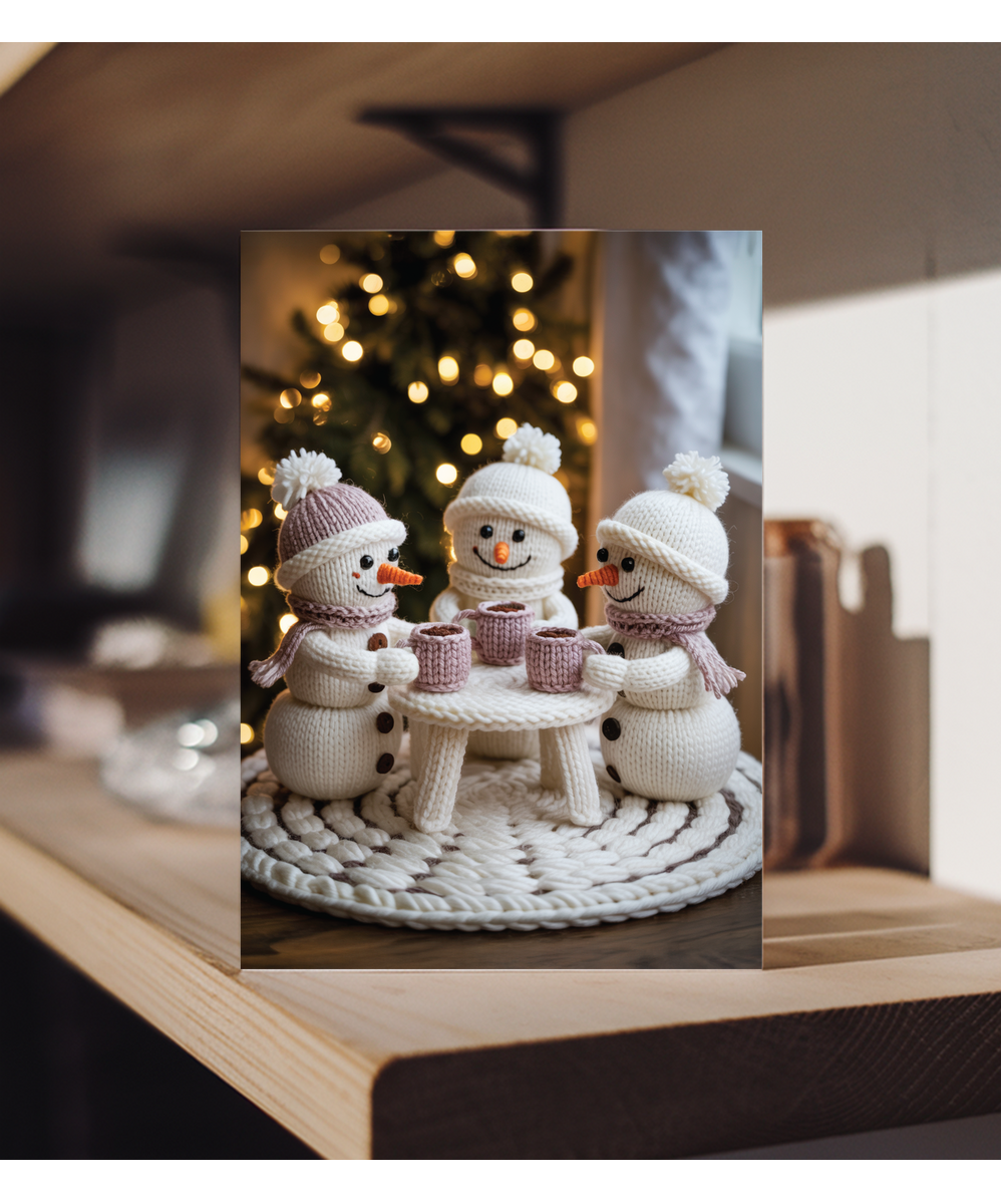 Knitted 3 snowmen drinking hot chocolate