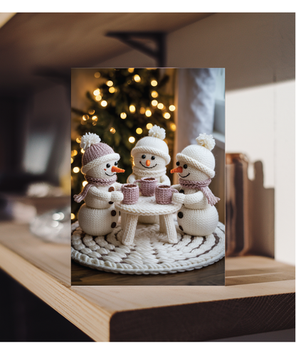 Knitted 3 snowmen drinking hot chocolate