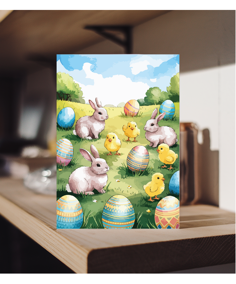 Easter field eggs chicks and bunnies