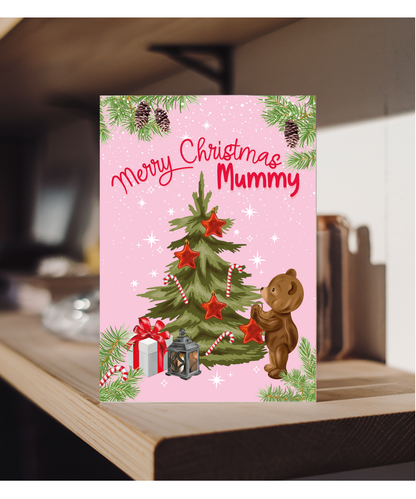 Merry Christmas Card for Mummy from Baby Bear Christmas Tree Decorating