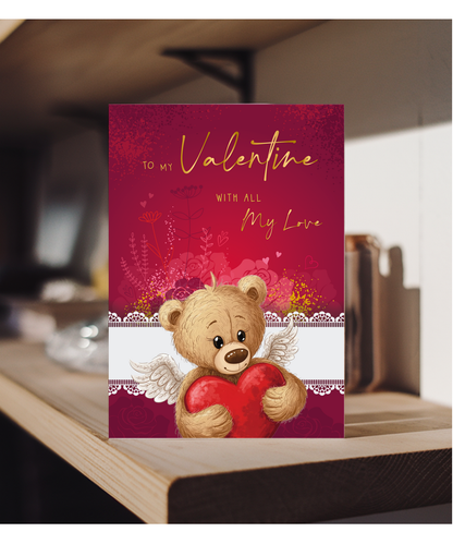 Cute Romantic Valentines Day Card To My Valentine With All My Love Cupid Teddy Bear