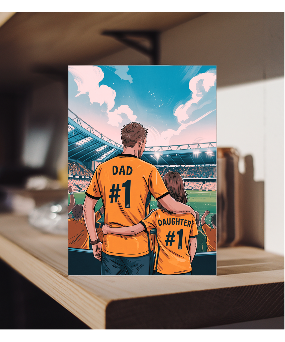 football gold with black number one dad and daughter