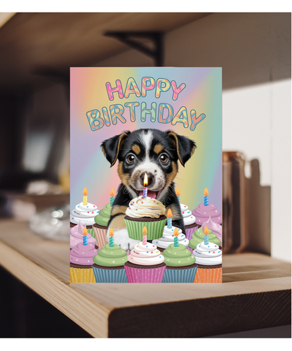 Happy Birthday - Puppy with a Cupcake