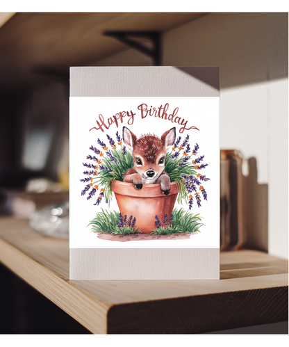 Happy Birthday cute baby deer, calf, fawn plant pot lavender watercolour