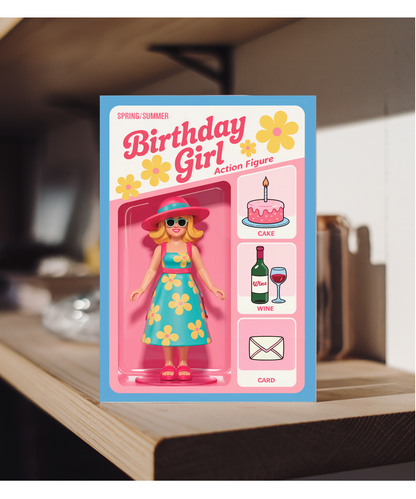Happy Birthday card spring and summer birthday girl action figure