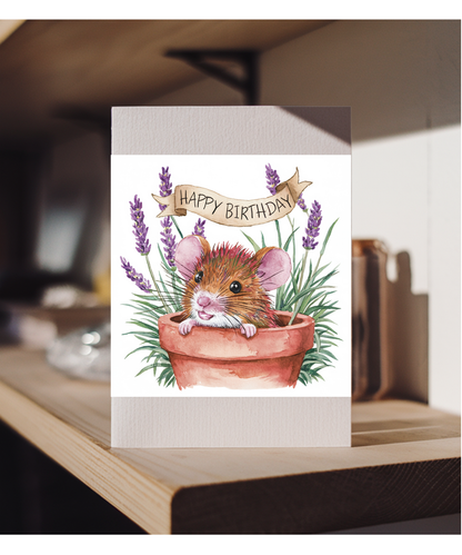 Happy Birthday cute mouse plant pot lavender watercolour