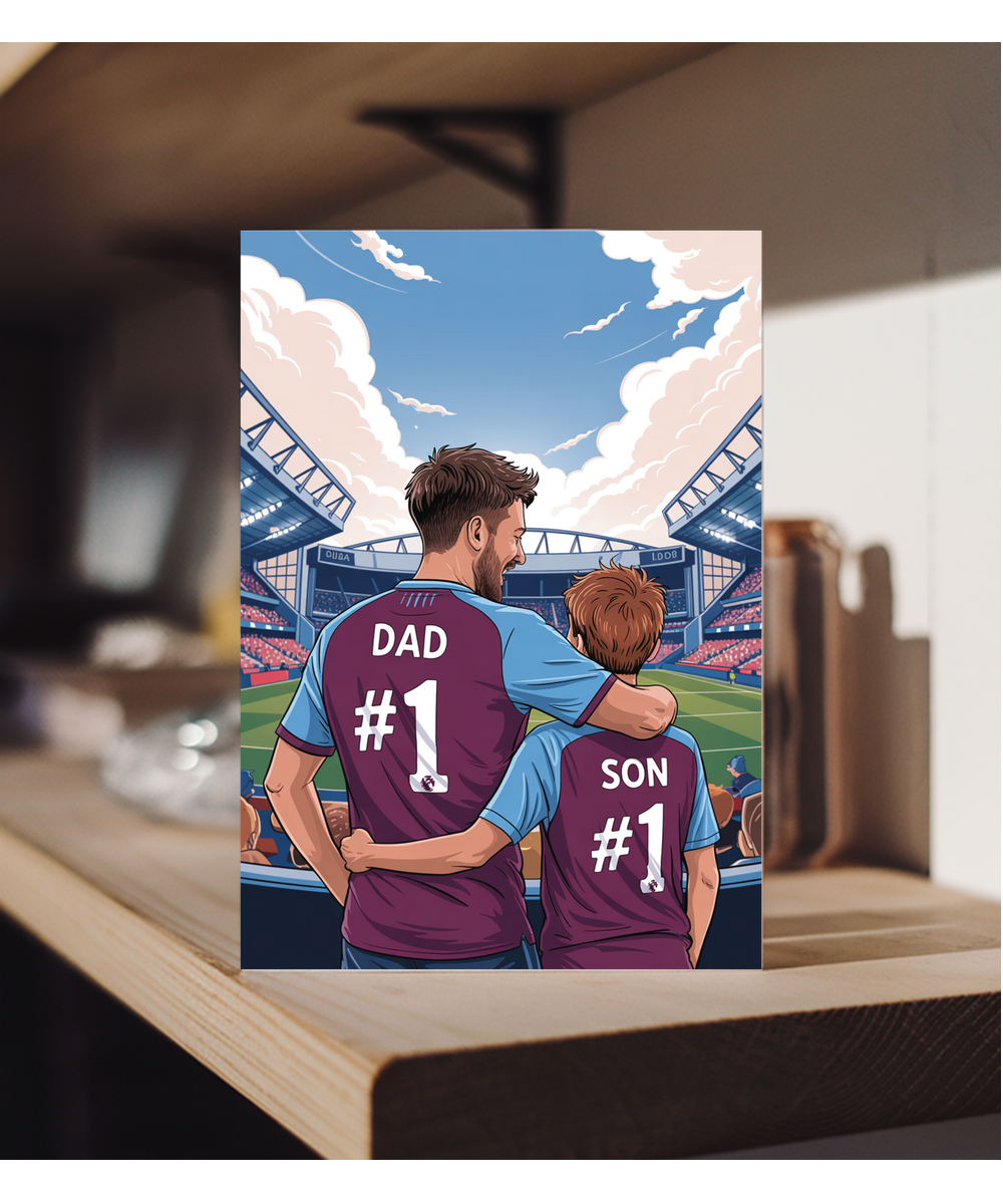 football claret and light blue number one dad and son