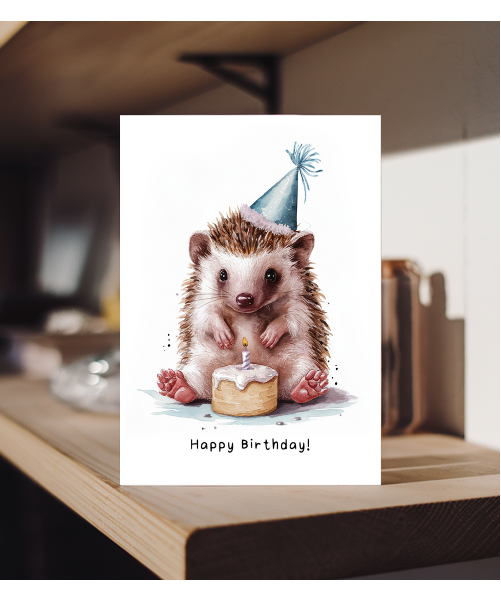 Baby Woodland Hedgehog Birthday Card Adorable Animal Watercolour Illustration