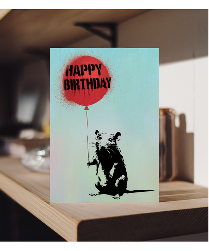Happy Birthday Card Rat stencil red balloon