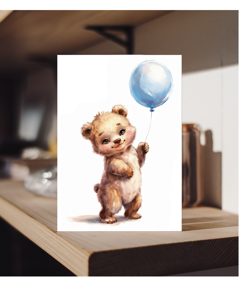Bear cub with blue balloon