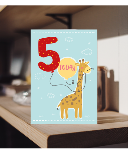 Childrens Birthday Card Five Today Balloon with Cute Giraffe