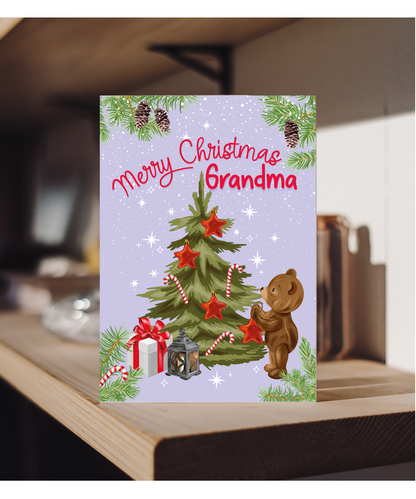 Merry Christmas Card for Grandma from Baby Bear Christmas Tree Decorating