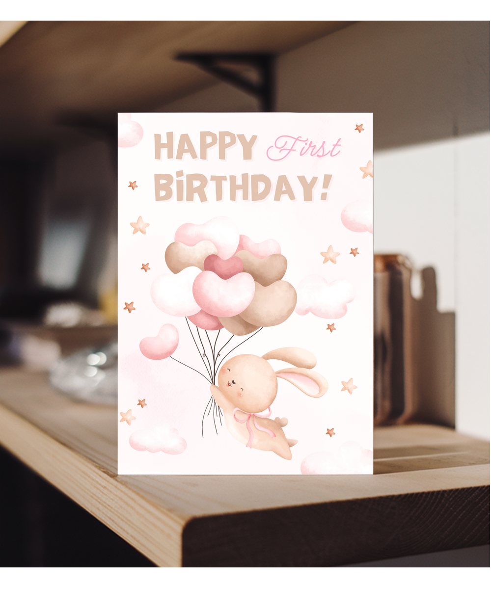 happy first birthday card pink balloons bunny