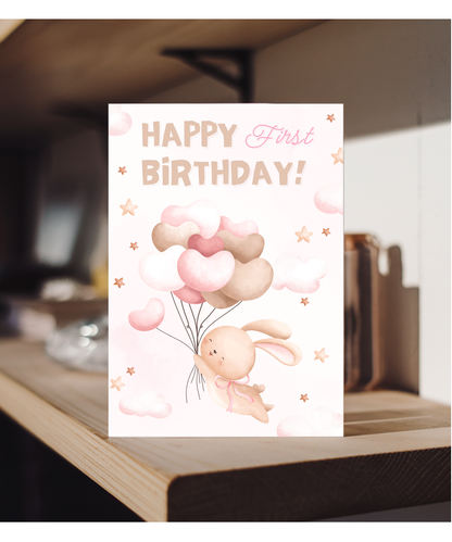 happy first birthday card pink balloons bunny