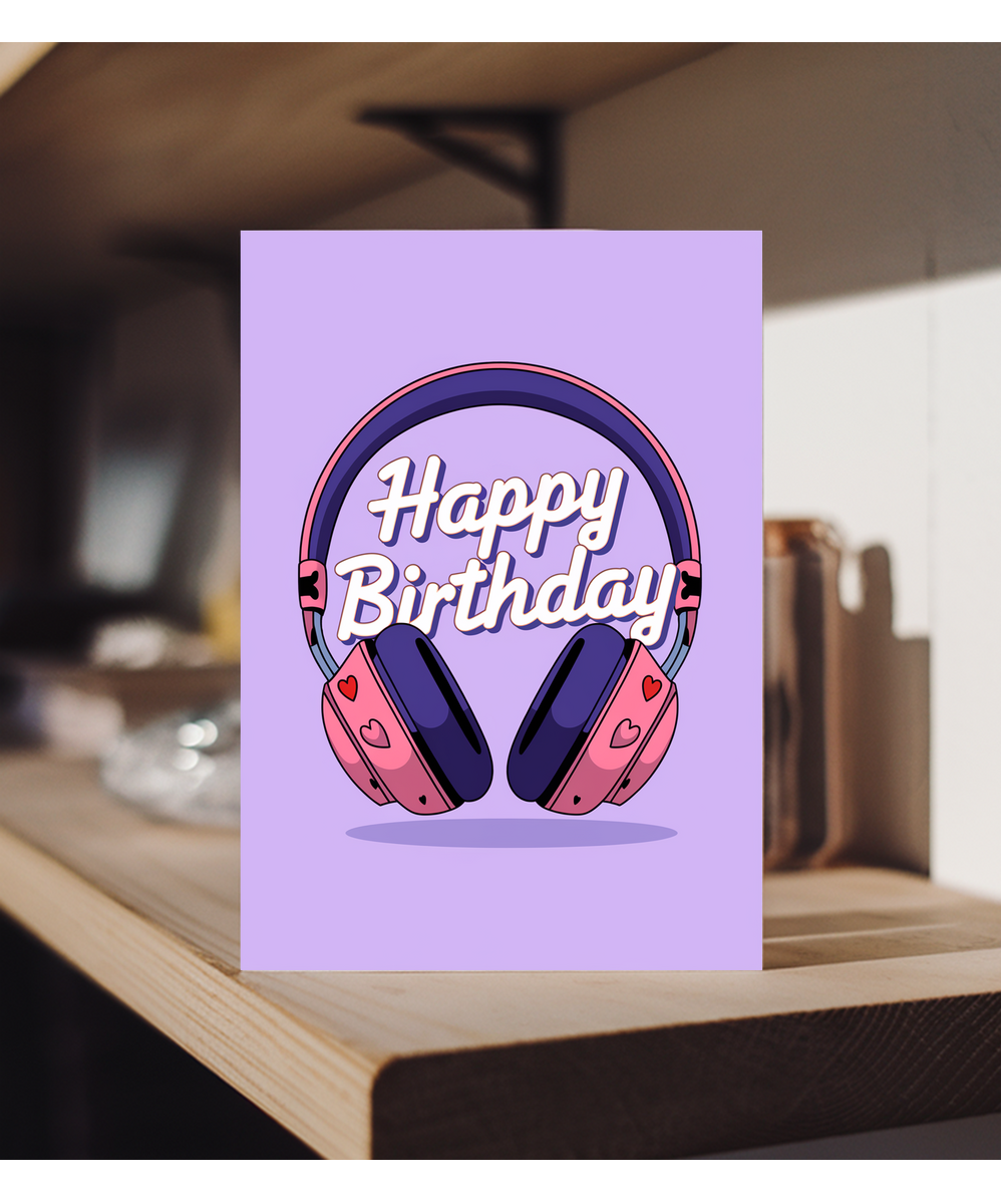 Happy Birthday Card headphones with heart