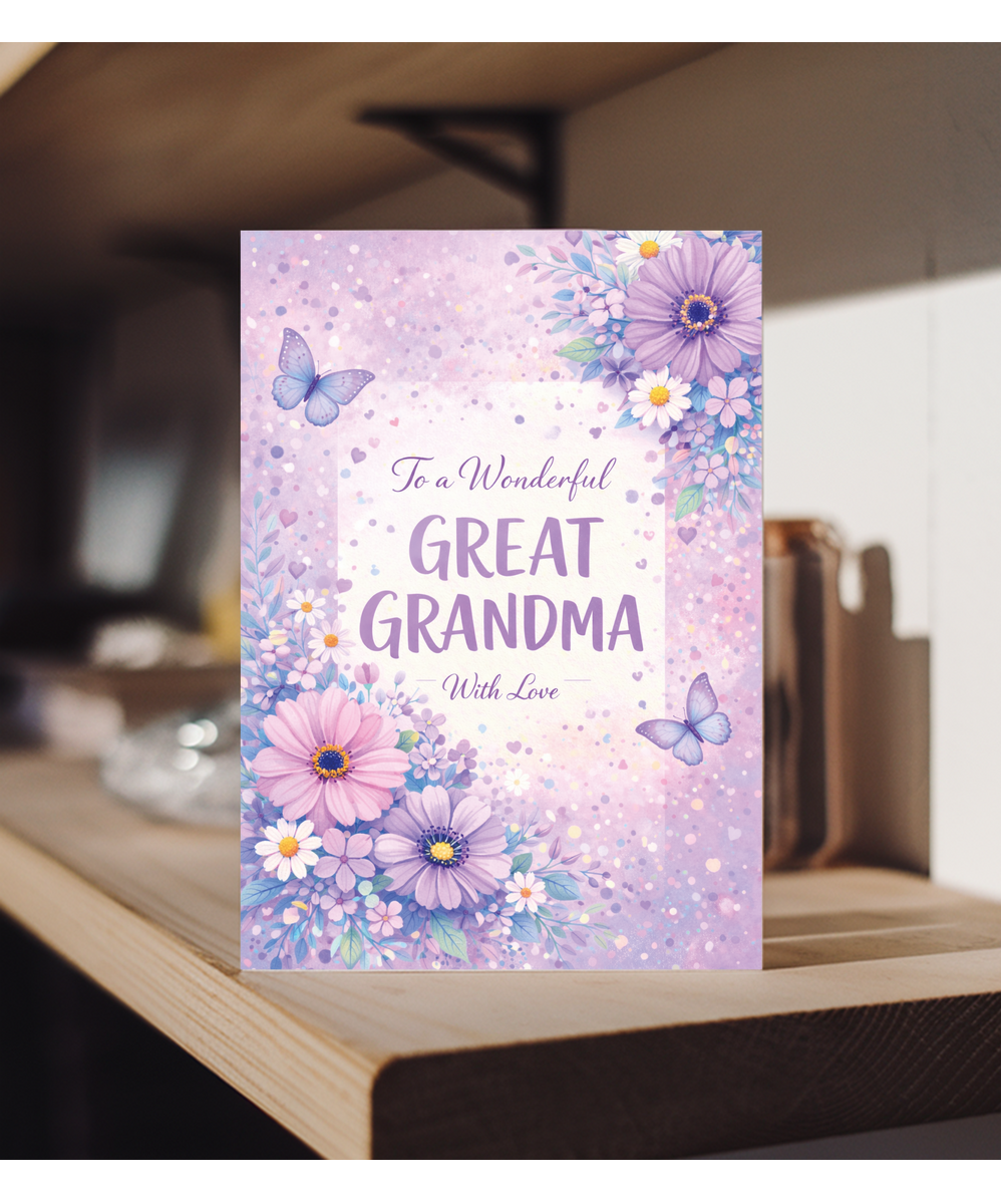 Grandma Birthday Card To a Wonderful Great Grandma With Love Violet Butterflies