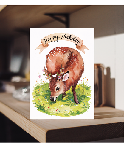 Happy Birthday cute musk deer watercolour
